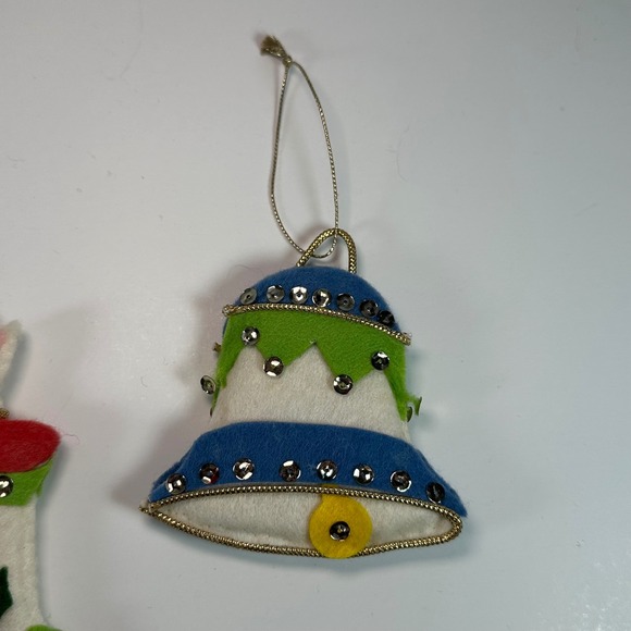 Vintage Handmade Felt Christmas Ornaments Set 3 Cat Stocking Tree Bell Sequins - Picture 3 of 6